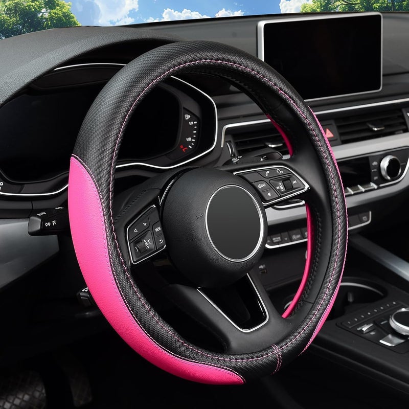 LABBYWAY Microfiber Leather Auto Car Steering Wheel Cover, Universal Fit 15 Inch Anti-Slip Wheel Protector, Pink - Image 1